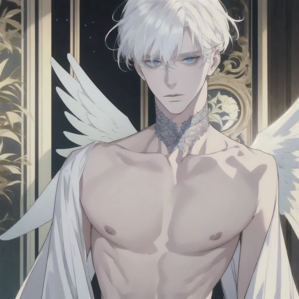 1 male, long white hair, male, white wings, angel, blue eyes, mature face, beautiful,(soft coloring, dynamic shading), (extreamly delicate and beautiful:1.2), 8K,(masterpiece:1.0),(best_quality:1.0), 1 boy, and intricate detailing, Enlarged textures, and intricate detailing, finely eye and detailed face, and intricate detailing, equal eyes, best eyes, portrait