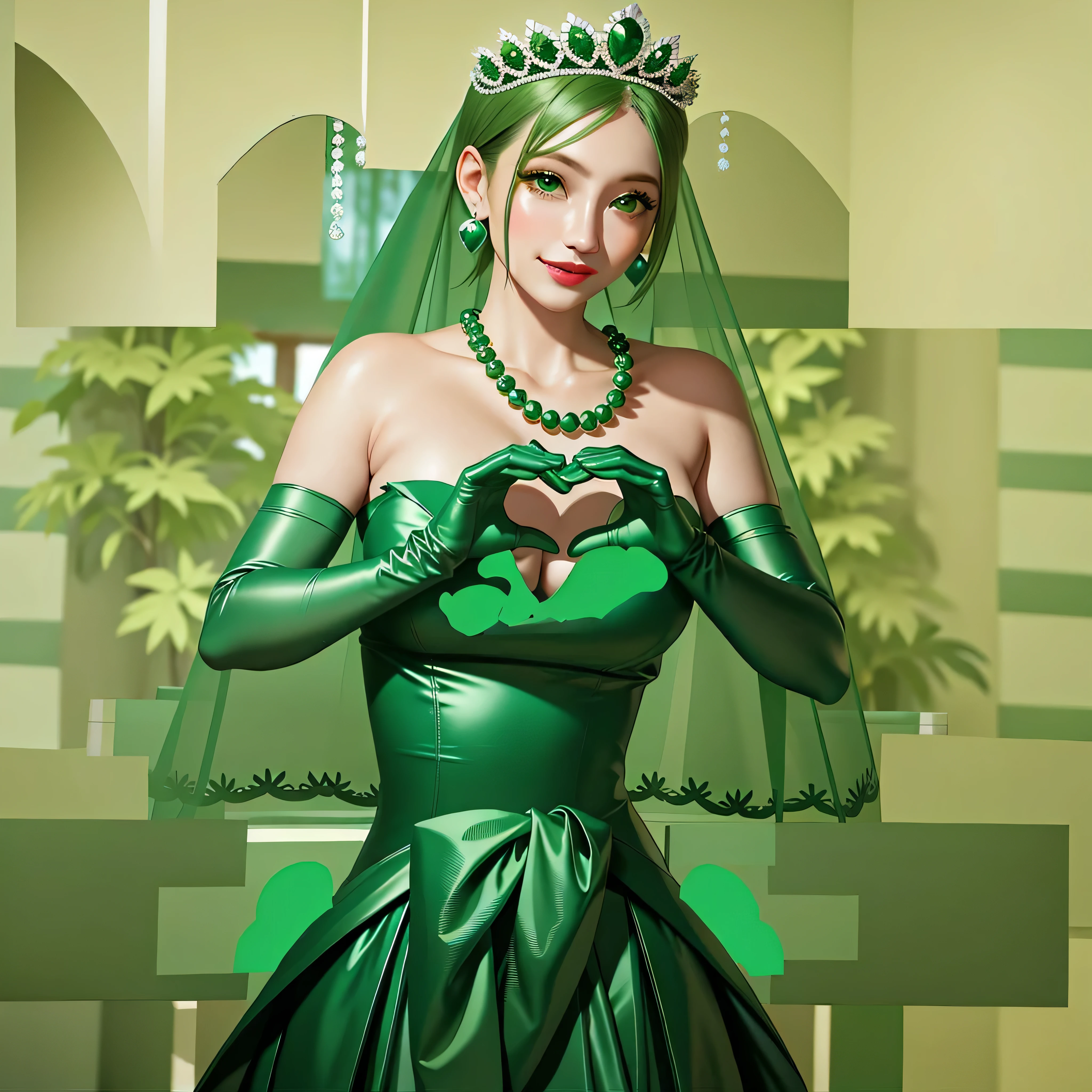 emerald tiara, Green Pearl Necklace, Boyish very short green hair, Green Lips, Smiling Japanese woman, Very short hair, Busty beautiful lady, Green Eyes, Green satin long gloves, Green Eyes, Emerald Earrings, Green veil, Heart with both hands, Green Hair, Beautiful Japanese Woman, Heart shaped hands:1.3, green lip gloss