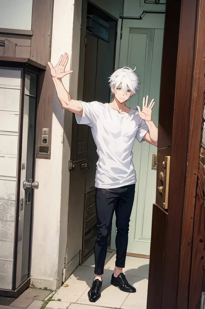25 years old anime man with white hair, standing in front of a door, Waving goodbye,shirt off