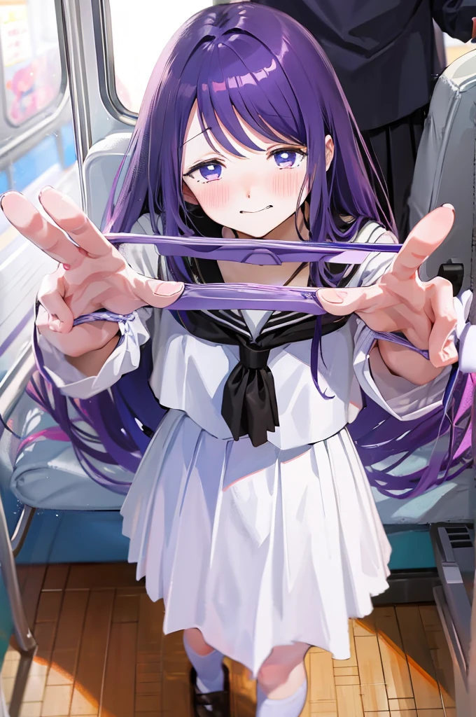 Holding white panties、Perfect hands、Smirking face、Detailed hands、Take off the white panties、Smirking face、Blushing、Black Skirt、Light purple hair、Semi-long hair、、Japanese school uniform、schoolgirl、on the train、Strap、、8K,Masterpiece、Light purple hair、Semi-long hair、、Japanese 、、、、、白色のShowing panties、、Blushing、、Showing panties、Pull up your skirt、Blushing、on the train、Strap