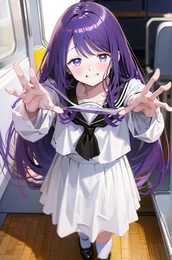 Holding white panties、Perfect hands、Smirking face、Detailed hands、Take off the white panties、Smirking face、Blushing、Black Skirt、Light purple hair、Semi-long hair、、Japanese school uniform、schoolgirl、on the train、Strap、、8K,Masterpiece、Light purple hair、Semi-long hair、、Japanese 、、、、、白色のShowing panties、、Blushing、、Showing panties、Pull up your skirt、Blushing、on the train、Strap