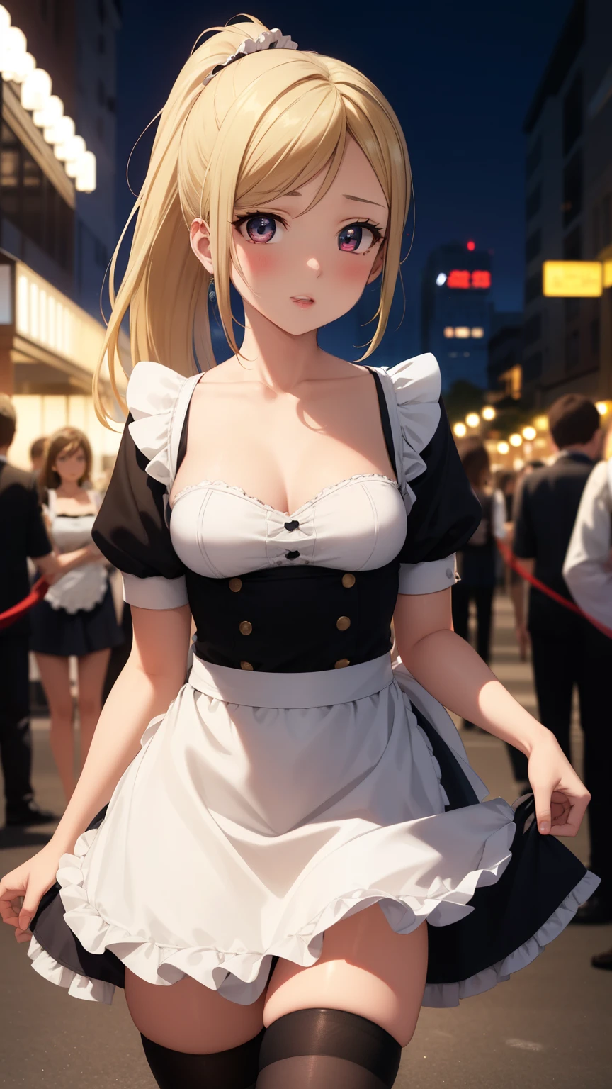 ((highest quality、High resolution、8K、masterpiece:1.3))、1 girl、unparalleled beauty、ultimate beauty、super detailed face、delicate eyes、smile、sexy look、Depth of the bounds written、light particles、side light、((blonde、maid、maid服、no panties))、(((expression of ecstasy、Looks embarrassed、Making sexual advances in a busy public place)))、perfect body、beautiful breasts、nipple、tits、Thighhighs、thighs、Love juice dripping from the pussy