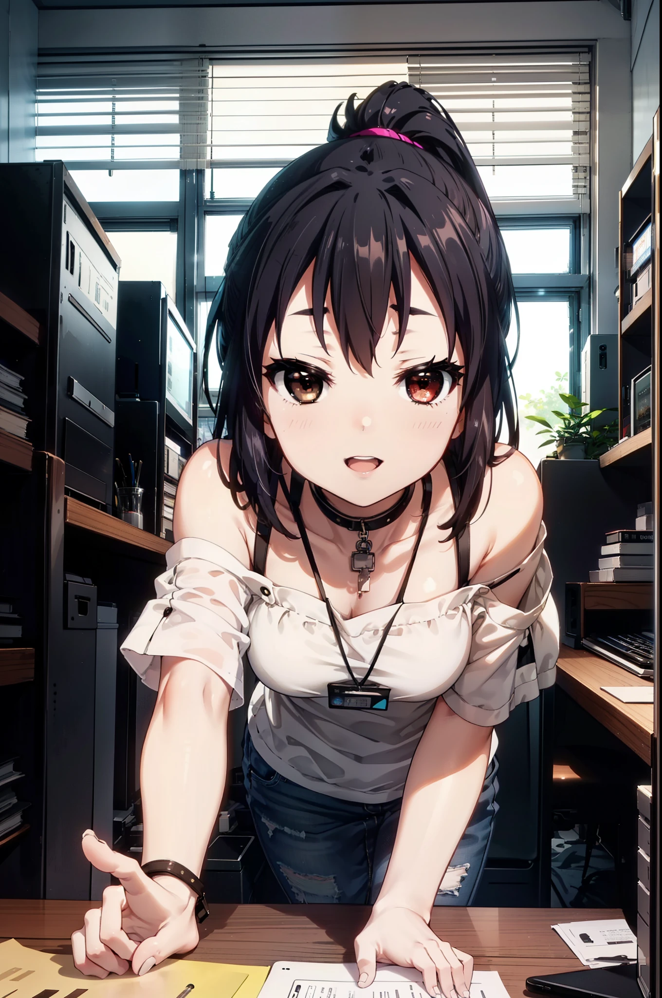 meet, Azusa Nakano, Black Hair, (Brown eyes:1.5), Long Hair, ponytail,Cold shoulder tops,Short sleeve,Skinny jeans,Stiletto heels,happy smile, smile, Open your mouth,interior,There is a computer on the table,Walking,So that the whole body goes into the illustration,昼間
break indoors, office,
break looking at viewer,
break (masterpiece:1.2), Highest quality, High resolution, unity 8k wallpaper, (figure:0.8), (Beautiful attention to detail:1.6), Highly detailed face, Perfect lighting, Highly detailed CG, (Perfect hands, Perfect Anatomy),