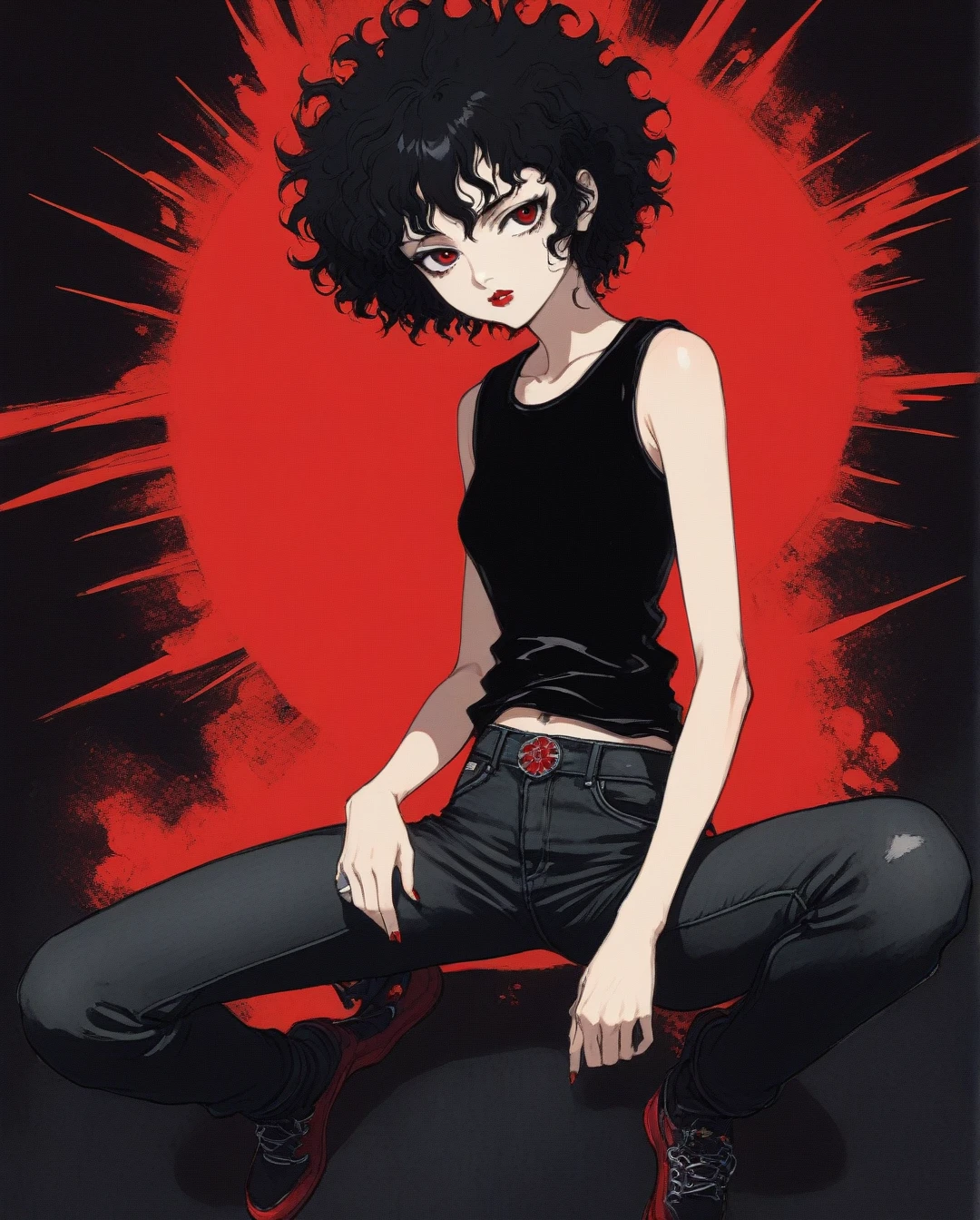 amano yoshitaka,a full-body, high-resolution anime style of a rebellious teenage female punk rocker with short curly black hair, thin face, intense red lips, sleeveless black top, and tight black denim pants, inspired by the works of Yoshiaki Kawajiri, vibrant and edgy, with dramatic lighting and dynamic composition