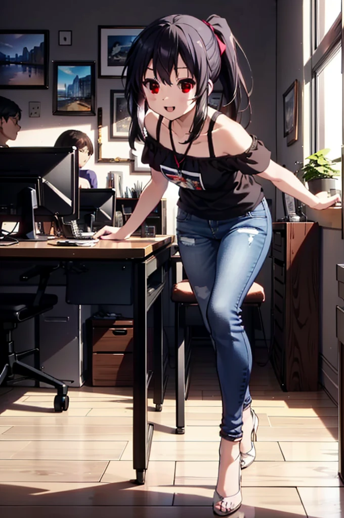 meet, Azusa Nakano, Black Hair, (Brown eyes:1.5), Long Hair, ponytail,Cold shoulder tops,Short sleeve,Skinny jeans,Stiletto heels,happy smile, smile, Open your mouth,interior,There is a computer on the table,Walking,So that the whole body goes into the illustration,昼間
break indoors, office,
break looking at viewer,
break (masterpiece:1.2), Highest quality, High resolution, unity 8k wallpaper, (figure:0.8), (Beautiful attention to detail:1.6), Highly detailed face, Perfect lighting, Highly detailed CG, (Perfect hands, Perfect Anatomy),
