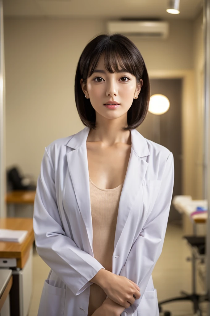 Hospital examination room, female doctor, ((full body)), ((photo)), ((best qualtiy, 8K, tmasterpiece: 1.3)), Focus: 1.2, perfect figure beautiful woman: 1.4, 1woman, cowboy shot, look at viewer, eyes facing the camera, incredibly absurd, beautiful and cute woman with a photorealistic face, showcasing top-quality craftsmanship, Japanese woman examining in a hospital examination room, 29 years old, hairstyle is a straight bob with long bangs, glossy black hair parted in the middle, thick and voluminous, elegant, fair and clear skin, large brown eyes, cool expression, long eyelashes, neat eyebrows, high nose, thin lips, natural complexion, fine skin, oval face, plump cheeks, long neck, small ears, beautiful nape, tall, slender, delicate, muscular and thin, slim frame, long and slender limbs, long fingers, large breasts of E cup, dressed as a doctor in a white coat, high heeled pumps, natural makeup, gold necklace, small earrings, watch on left arm, pretty older woman, beautiful, neat, cute voice, calm, gentle, responsible, professional, studious, kind, October