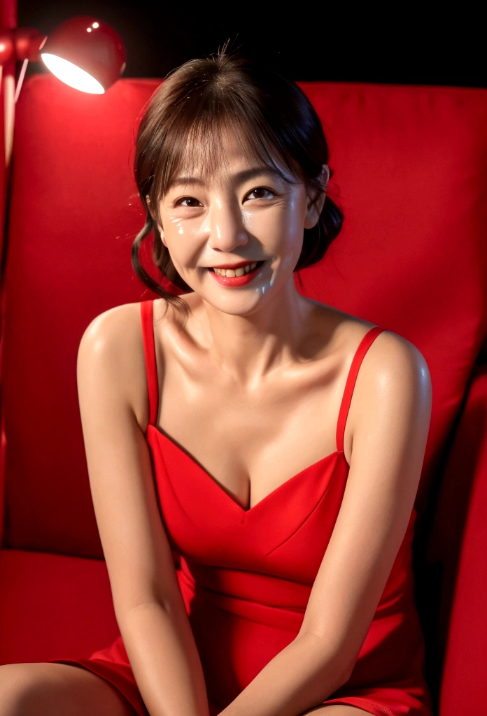 (8K, RAW Photos, Highest quality, masterpiece:1.2), (Realistic, photo-Realistic:1.37), Super detailed, 45 years old,1 female,round face,cute, alone,Talking,night,Sitting,Date,(Red nose),(smile:1.1),(Reduce skin exposure)