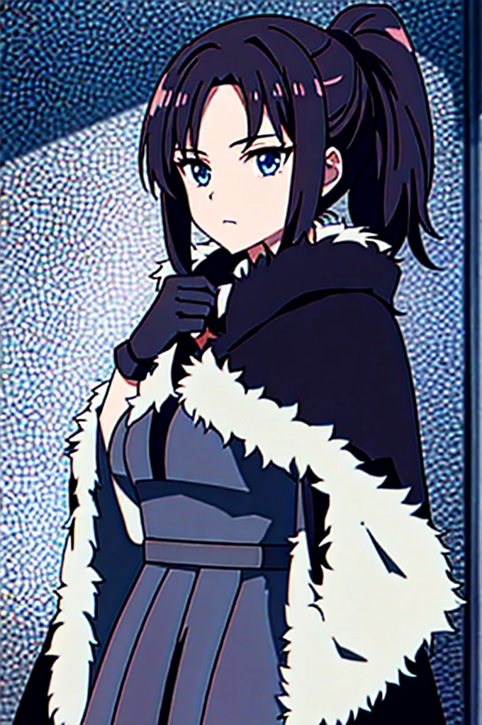 1girl, ponytail, fur cloak, gloves
