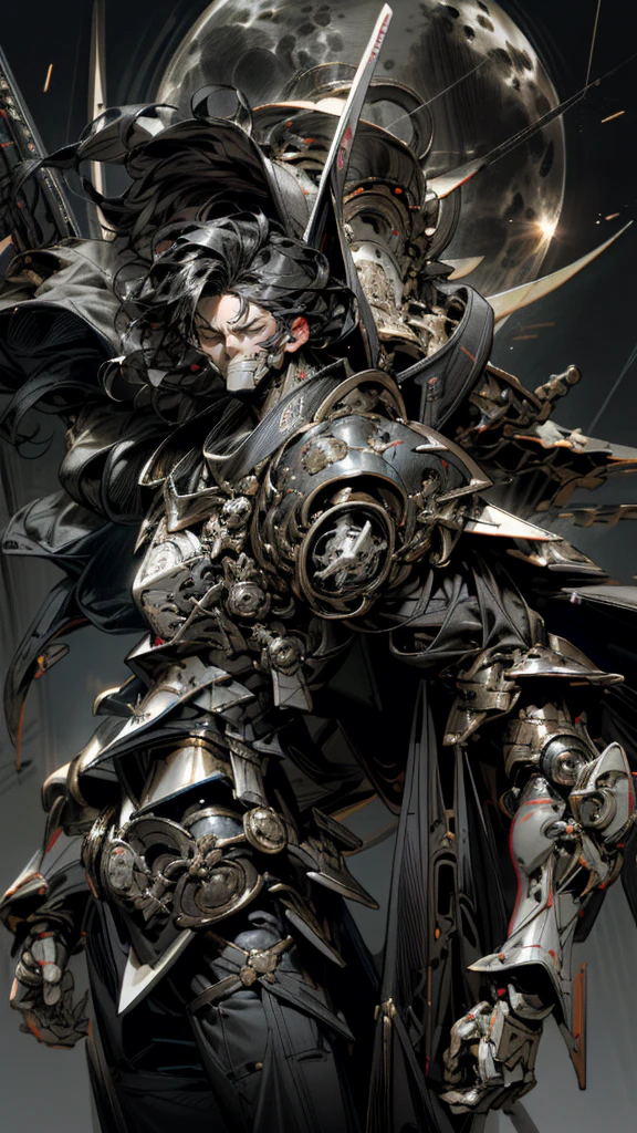 masterpiece, best quality, highly detailed, 1 boy future technolog, guts \(berserk\), black hair, cape, huge weapon, male focus, manly, moon, multicolored hair, one eye closed, scar, solo, (Wearing a black-themed sci-fi breastplate:1.5),Dilapidated city background,the night,Close up