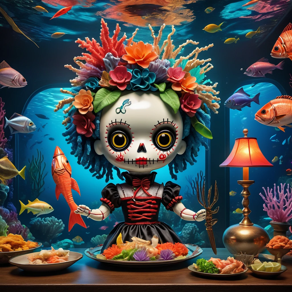 (knitted toy voodoo doll:1.7), (Voodoo in an Underwater Restaurant:1.3), (Clothing: aquatic-themed attire with glowing coral patterns:1.0), (Accessories: enchanted fork emitting sparks of culinary delight, levitating seafood dishes:1.1), (background: mystical underwater dining room with floating tables, glowing underwater flora, and spectral diners:1.2), best quality, masterpiece, detailed soft oil painting, detailed background, dramatic cinematic lighting, soft edge lighting, professional, dramatic lighting, hard edge lighting, ultra quality, 4k, masterpiece, best quality, 8k, ultra high definition, high resolution, extremely detailed