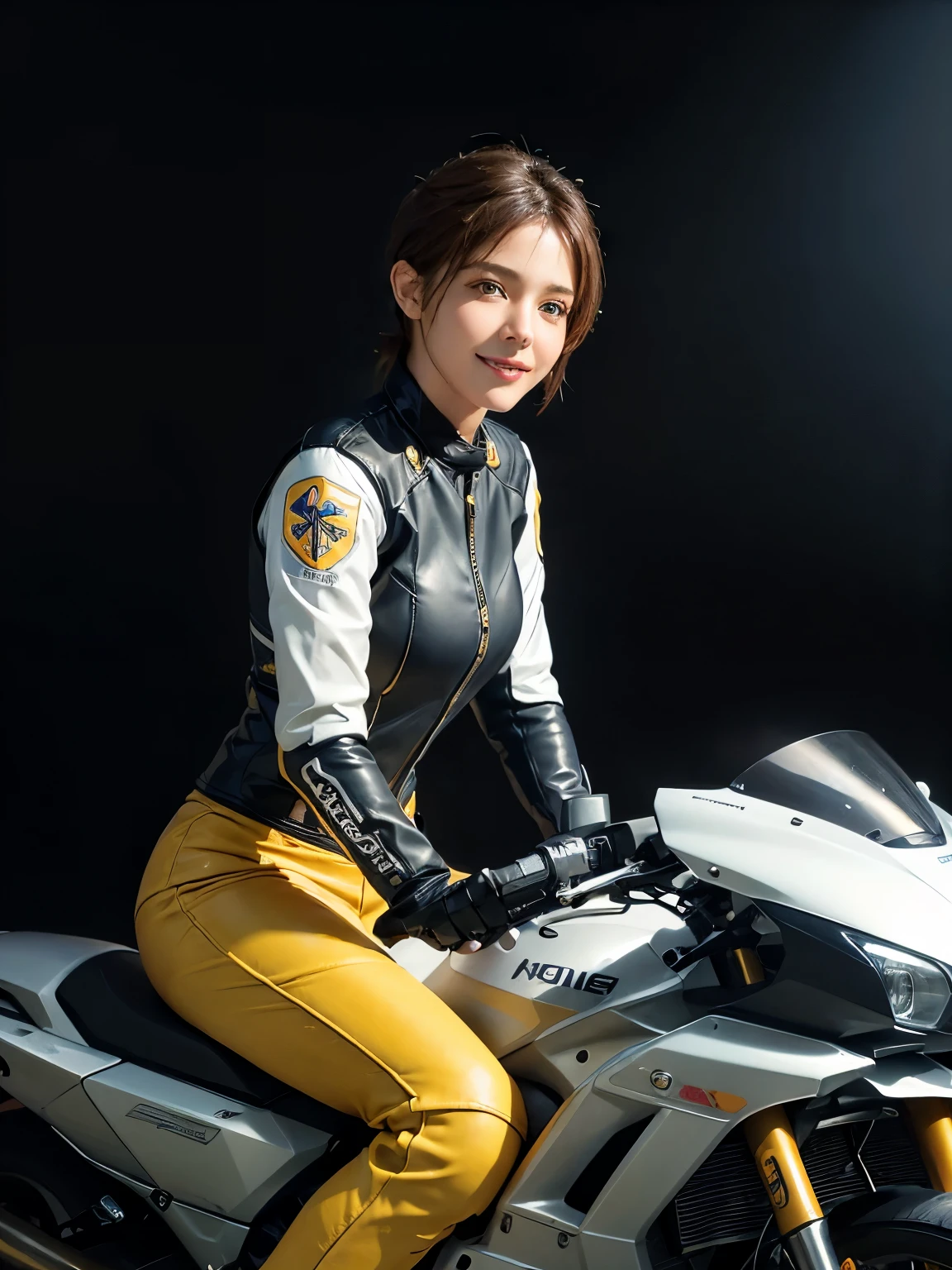Hyperrealist Female Portrait by David Hockney and Alphonse Mucha, Photo Real, Dynamic Lighting, Volumetric lighting, Highly detailed face, Detailed Hair, 8K, One girl, (smile), Short Hair, Detailed Motorcycle, ((Riding a motorcycle)), ((Yellow racing leather suit))