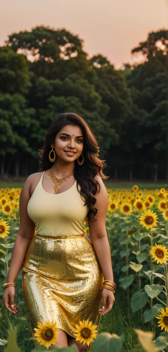 A indian curvy woman is standing in a field of flowers at sunset, wearing a light sunflower outfit consisting of a sleeveless top . She has long, flowing dark hair, gold earrings, a necklace, and gold bangles. The sky is a gradient of warm hues, and trees are visible in the background. Lusty smile