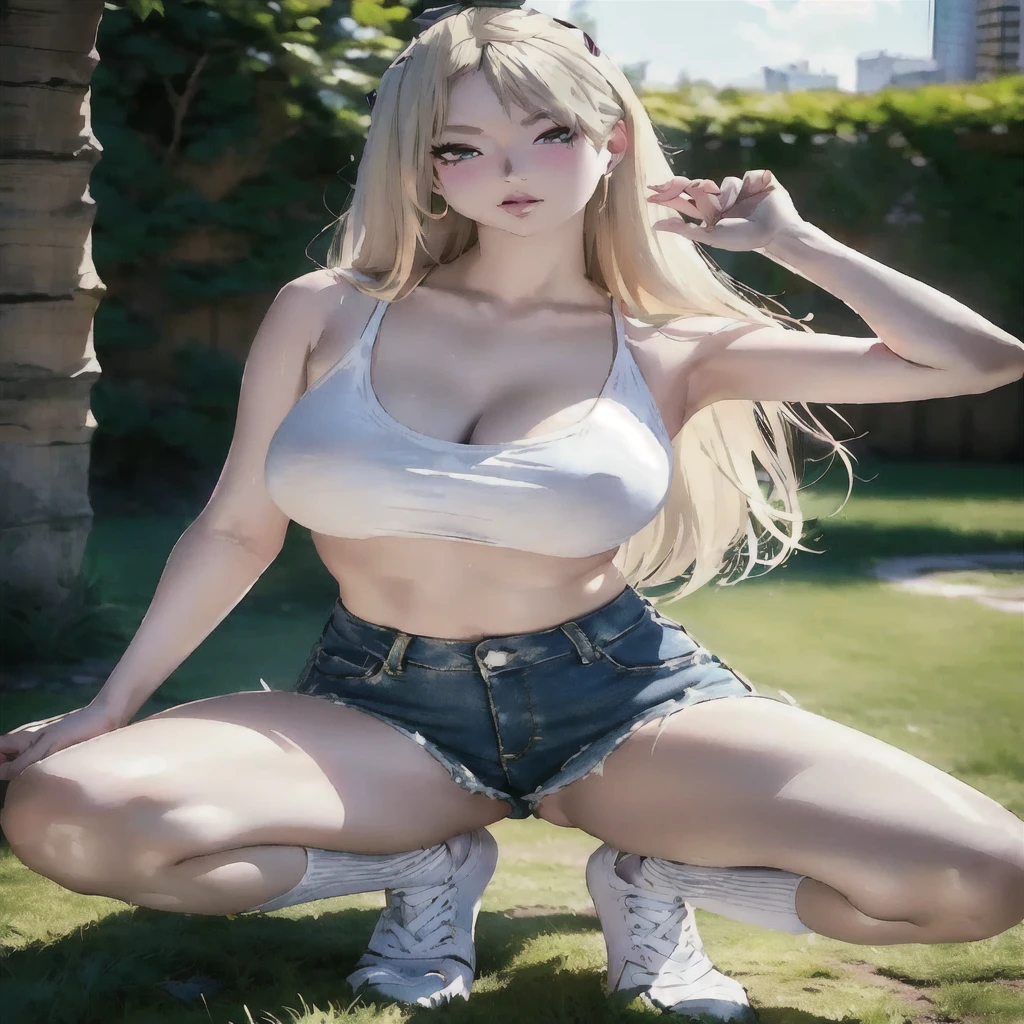 araffed woman in a yellow top and denim shorts squatting on the grass, amouranth, better known as amouranth, blonde goddess, alexa grace, young beautiful amouranth, ava max, perfect blonde haired girl, giant stunning goddess shot, perfect body, anna nikonova aka newmilky, ross tran style, wearing a cute top, yellow sneakers