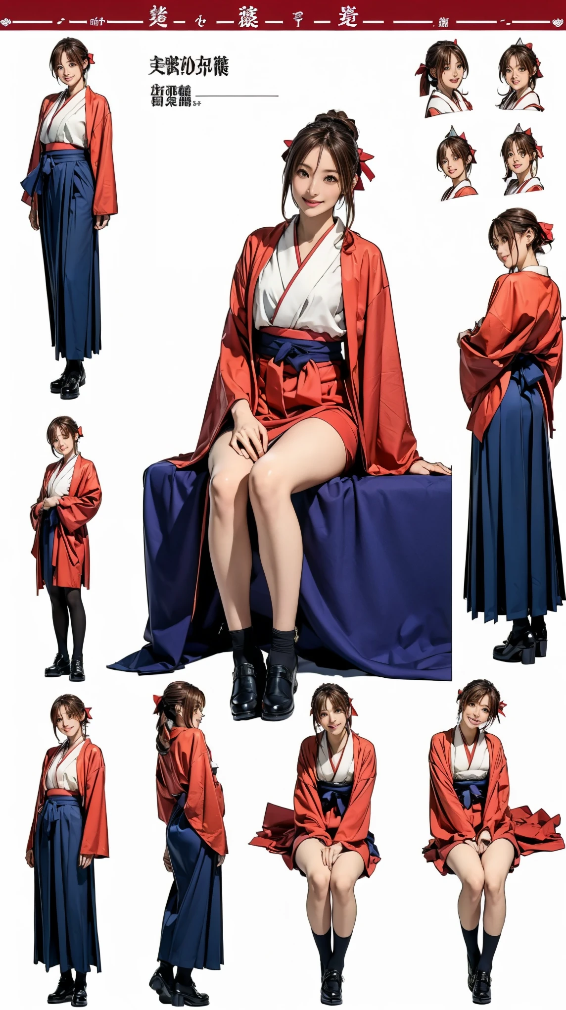 ((masterpiece)),(((Highest quality))),((Character design sheet)),Thin thighs,Long legs, One girl, Honoka, Shrine maiden, Hakama skirt, Sitting, shrine, smile