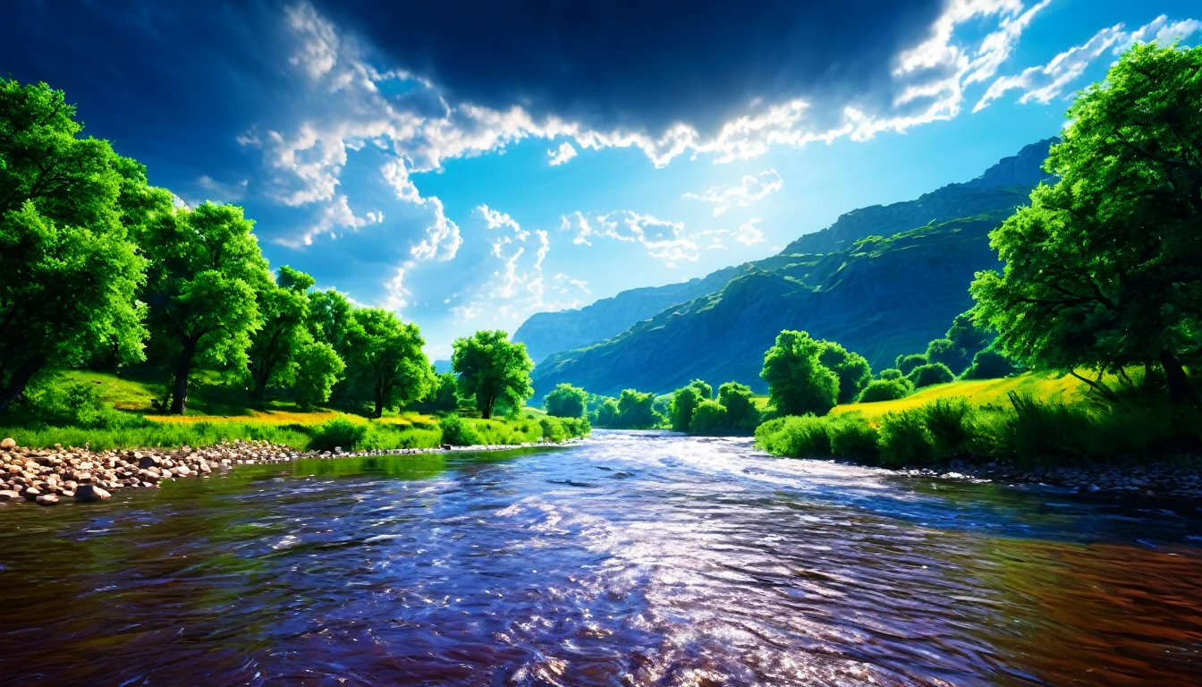 Summer sky,Realistic,Very realistic,Extreme Detail,Breathtakingly realistic,High contrast realism,High Saturation Realism,Vibrant colors,Dramatic lighting,Fascinating landscape,Persuasive storytelling,Atmospheric scenery,Captivating visuals,Intricate details,Strong emotions,Heavenly Beauty,A dreamlike world,river, colourful