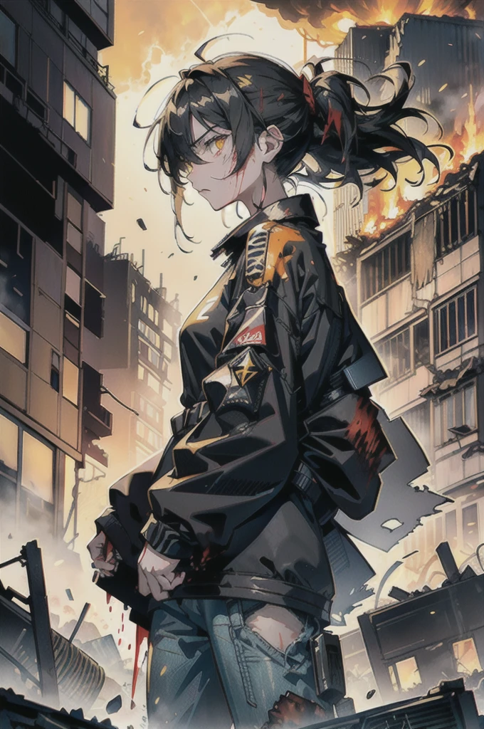 ((1 GIRL)) ((2d anime girl)), ((Japanese)) mature female,18-year-old, ((2d anime girl)), ((dark-haired)), ((windswept hair)) ((ultra high quality)) ((4k UHD)) ((Best Quality)) ((Daytime)) ((yellow glowing eyes)), wearing a ((black long sleeve shoulderless T-shirt)) sweatshirt with the slogan (("Kaiju")) in white letters, wearing jeans and black and yellow sneakers with (((blood splattered))) on it and her face, standing in the street of a ((ruined city)) filled with ((heavily damaged)) and dilapidated (( tall skyscrapers with holes in them on fire)) and ((crushed vehicles on fire)) and small and ((raging fires all around)) and an ((angry)) ((Intimidating)) expression, with giant monster kaiju beasts of various animal like species in the distance with looking furocious.