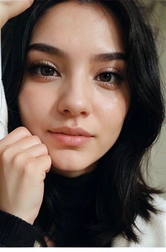 Woman with white skin and black hair covering her mouth