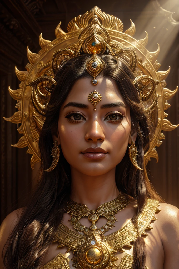 highly detailed portrait of a lord shiva sun god halo of light, gold, unreal engine, art by mark ryden, lostfish, earl norem, global illumination, god rays, detailed and intricate environment, elden ring style
