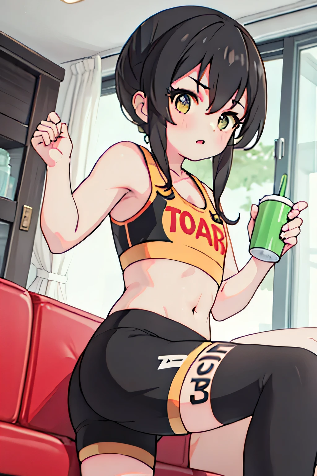 Anime, 2d anime, cartoon anime, detailed illustration, dynamic angle, ultra-detailed, illustration, 1girl, late 20’s year old, Big woman, very tall, broad shoulders, silky long black hair, muscular, tone body, a little bulky, muscular arms, wide shoulders, tall woman, night time, Evning, sitting on couch, in black sports bra, black short gym shorts, in a nice house, living room, dark wood panel walls, dark hard wood floors, wearing a red jacket unzipped, eating from a bag of chips,