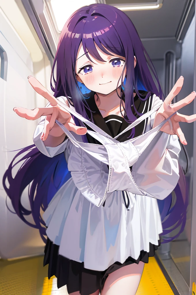 Holding white panties、Black Skirt、Take off the white panties、Smirking face、Blushing、Black Skirt、Light purple hair、Semi-long hair、、Japanese school uniform、schoolgirl、on the train、Strap、、８K,Masterpiece、Light purple hair、Semi-long hair、、Japanese 、、、、、白色のShowing panties、、Blushing、、Showing panties、Pull up your skirt、Blushing、on the train、Strap