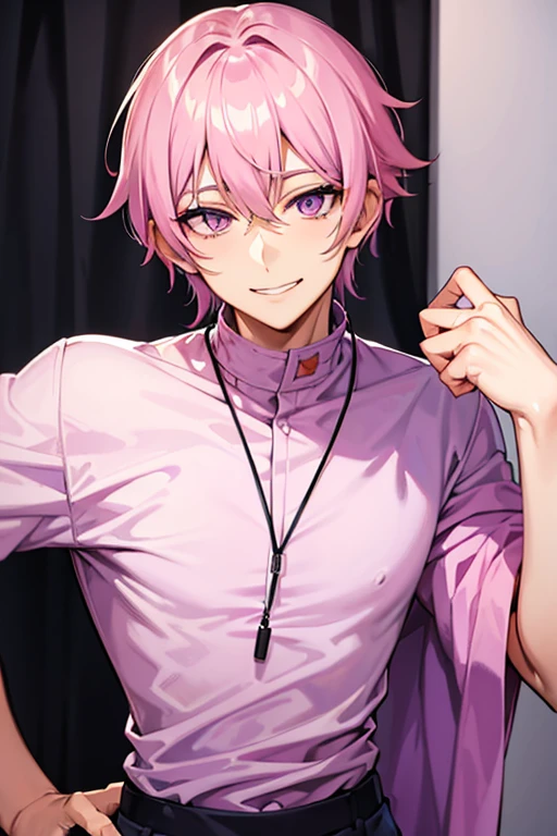 Tall man pastel pink hair purple eyes smiling strong and wearing a tight shirt