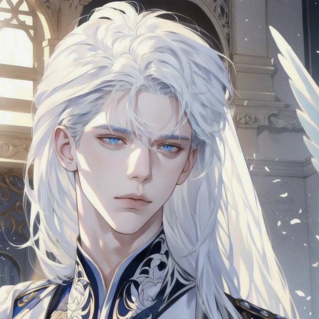 1 male, long white hair, male, white wings, angel, blue eyes, mature face, beautiful,(soft coloring, dynamic shading), (extreamly delicate and beautiful:1.2), 8K,(masterpiece:1.0),(best_quality:1.0), 1 boy, and intricate detailing, Enlarged textures, and intricate detailing, finely eye and detailed face, and intricate detailing, equal eyes, best eyes, portrait