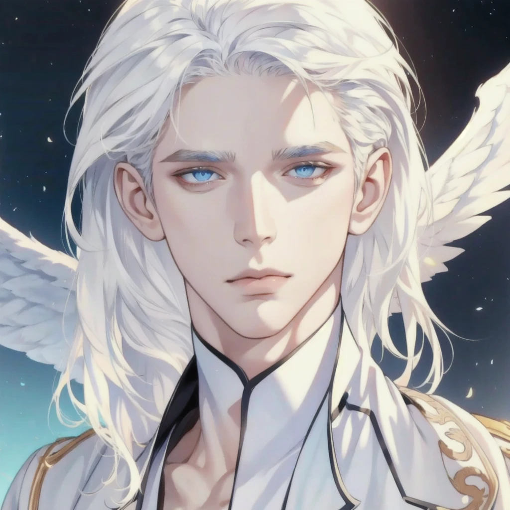 1 male, long white hair, male, white wings, angel, blue eyes, mature face, beautiful,(soft coloring, dynamic shading), (extreamly delicate and beautiful:1.2), 8K,(masterpiece:1.0),(best_quality:1.0), 1 boy, and intricate detailing, Enlarged textures, and intricate detailing, finely eye and detailed face, and intricate detailing, equal eyes, best eyes, portrait