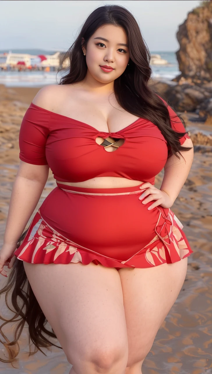 ((best quality)), ((masterpiece)), (detailed), perfect face, araffeTight skirtsShort , thicc, wavy short hair, she has a jiggly fat round belly, bbwchan, wearing tight simple clothes, skinny waist and thick hips, widest hips, her belly is fat and round, soft curvy shape, hyperrealistic full figure, wearing a cute top, wide hips, Blue swimsuit,On the beach by the seaBlue