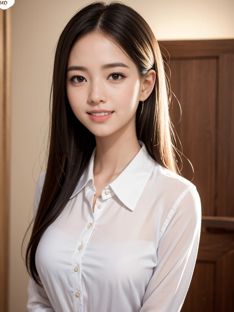 raw photo, 1girl, cute face, beautiful face, medium breast, collared blouse, White blouse, light smile, Upper body, detailed skin, pore, simple background, photorealistic, anatomically correct, masterpiece, best quality, UHD