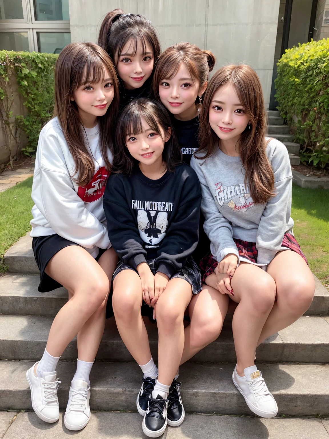 Four happy girls were sitting on the stone steps, Take a full body photo、Laughing happily、She was wearing a short sweatshirt, Vans Sneakers, Red Check Skirt、White sneakers, Black Hair, detached houses, Flowers,Happy girl with round face, Big eyes, Long eyelashes, Full-body display、Small pubic area、Hairless、Detailed female genitalia、Spread your legs、From directly below、I can see your pussy