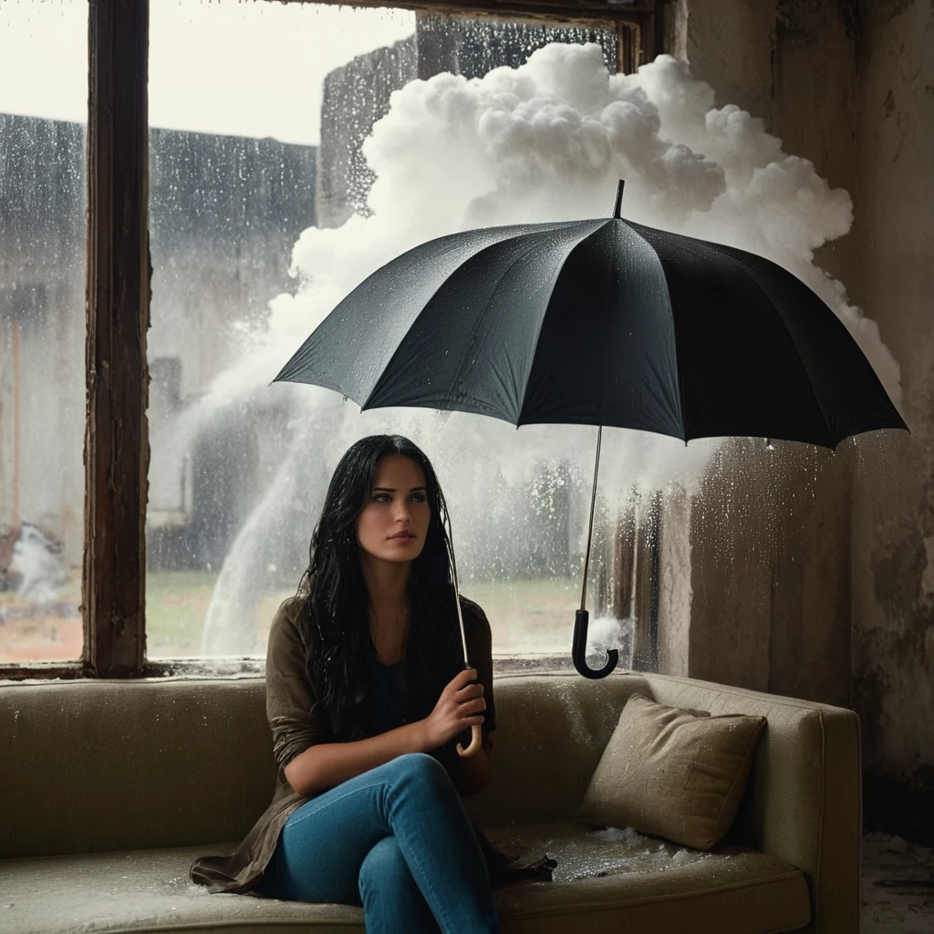 cinematic film still of  Juxtaposition of a woman sitting on a couch holding an umbrella with foamy cloud rain above,1girl,solo,long hair,black hair,sitting,indoors,window,umbrella,couch,rain,realistic,ruins Juxtaposition,artistic,photography,dramatic light,dramatic shadow light,contrast,saturated color,cinematic,filmic,photographic,realistic,realism,perfection,perfect,Juxtaposed,opposite,different things,side by side,syncretism,antithesis,Juxtaposition style,ruins , creative, photorealism, hyperrealism, Fine art photography style, Fine art cinematic photography style, shallow depth of field, vignette, highly detailed, high budget, bokeh, cinemascope, moody, epic, gorgeous, film grain, grainy