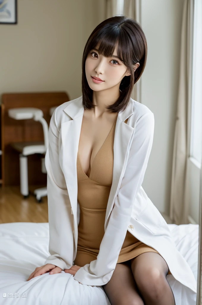 Hospital examination room, female doctor, ((full body)), ((photo)), ((best qualtiy, 8K, tmasterpiece: 1.3)), Focus: 1.2, perfect figure beautiful woman: 1.4, 1woman, cowboy shot, look at viewer, eyes facing the camera, incredibly absurd, beautiful and cute woman with a photorealistic face, showcasing top-quality craftsmanship, Japanese woman examining in a hospital examination room, 29 years old, hairstyle is a straight bob with long bangs, glossy black hair parted in the middle, thick and voluminous, elegant, fair and clear skin, large brown eyes, cool expression, long eyelashes, neat eyebrows, high nose, thin lips, natural complexion, fine skin, oval face, plump cheeks, long neck, small ears, beautiful nape, tall, slender, delicate, muscular and thin, slim frame, long and slender limbs, long fingers, large breasts of E cup, dressed as a doctor in a white coat, high heeled pumps, natural makeup, gold necklace, small earrings, watch on left arm, pretty older woman, beautiful, neat, cute voice, calm, gentle, responsible, professional, studious, kind, October