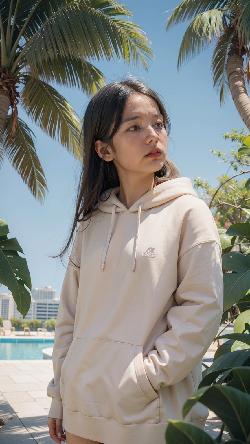 ((long shot photography)) ((best quality)), ((masterpiece)), (detailed),upper body,close-up, 8k, RAW photo,1 girl,(perfect busty body) ,(((blank orange oversized_hoodie))), real polaroid photo, beautiful, ultra-realistic,detail face ,light leak,dark intens shadow ,(black pixie hairstyles), almond eye, no makeup,(purple color tenis skirt),the scene takes in front on Lincoln Road Miami, (very detailed:1.1), (realistic:1.1), (surreal:1.2),palm trees,sunny,summer, blue sky