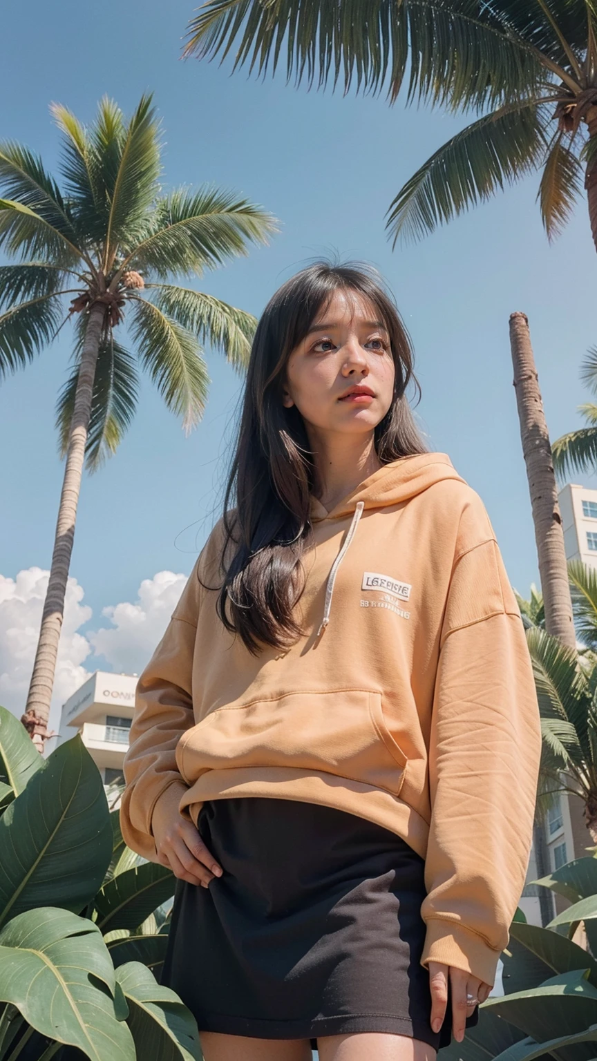 ((long shot photography)) ((best quality)), ((masterpiece)), (detailed),upper body,close-up, 8k, RAW photo,1 girl,(perfect busty body) ,(((blank orange oversized_hoodie))), real polaroid photo, beautiful, ultra-realistic,detail face ,light leak,dark intens shadow ,(black pixie hairstyles), almond eye, no makeup,(purple color tenis skirt),the scene takes in front on Lincoln Road Miami, (very detailed:1.1), (realistic:1.1), (surreal:1.2),palm trees,sunny,summer, blue sky