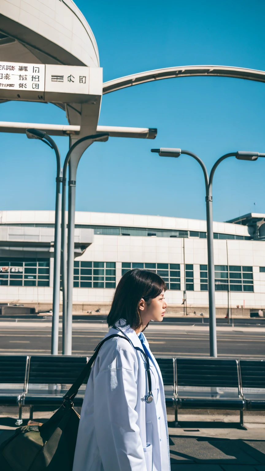 (airport:1), afternoon, (Doctor's gown:1), Light brown short hair with fringe, Light brown eyes, One girl, 20-year-old, Innocent, (Realistic), (Intricate details:1.2),(masterpiece, :1.3),(Highest quality:1.4), (超High resolution:1.2), 超High resolution, (Fine grain), (Detailed facial features), High resolution, 8K resolution, (Lens flare:0.7), turn around, Busy inspecting reports, Face Viewer