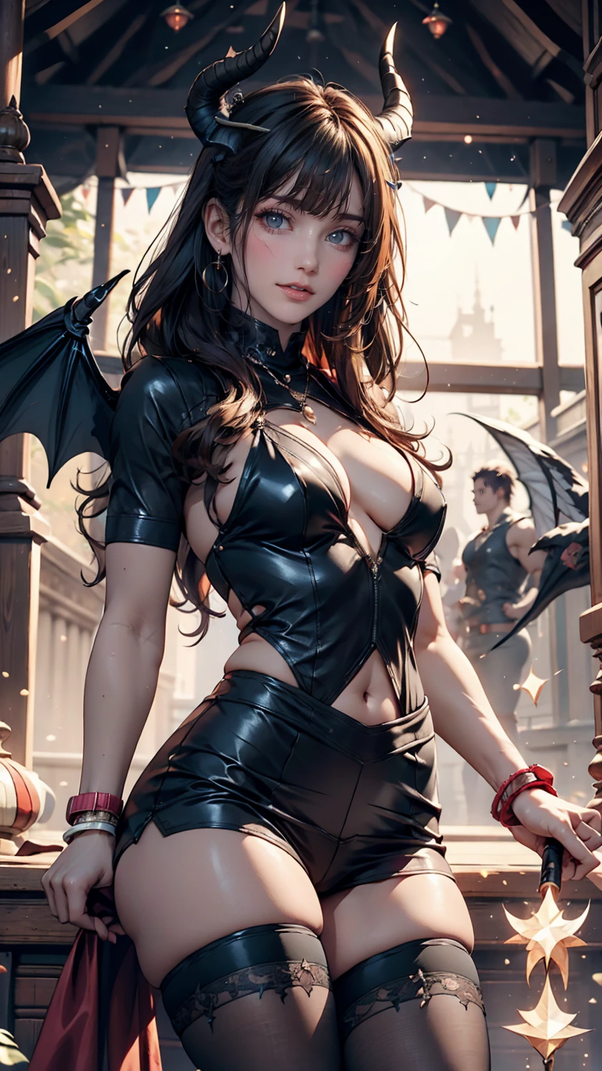 24-year-old female、Sexy proportions、Sexy、Narrow waist、Wear waist jewelry、Wear accessories on your wrist、Succubus（（Succubus))Cosplay、Two small horns on the head、Small bat wings on the back、High leg bondage suit、Knee-high socks、Holding a stick shaped like a magic wand、A devilish smile、