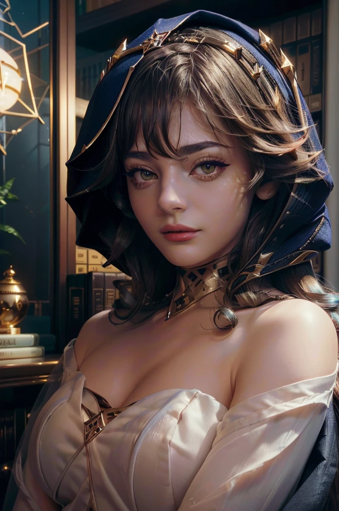 A young girl in realistic portrait of high quality and detail, Layla (Genshin Impact), 2000's movie style, persian girl, Ella Freya (Model), full-length, dark and mysterious atmosphere, pale skin, glow, eye shadow, 1girl, thriller fantasy, Depth & Perspective, sadness on her face, She has long dark blue hair with curls, amber eyes, pointed ears, Mystical powers, fine face, She's stands in the library in the Middle Eastern style, indoors, She is wearing white tight leggings, gold high-heeled shoes, a blue hood, black gloves with metal inserts and a black cape on her shoulders. blue sky, white cloud, looking at viewer, (ultra-high detail:1.2), Masterpiece, Best Quality, Ultra-detailed, Cinematic lighting, 8K, delicate features, cinematic, 35 mm lens, f/1.9, highlight lighting, global lighting –uplight –v 4, cinematic, intense gaze, Cinematic lighting, 8K, high quality, Highest Quality, (Solo Focus), (extremly intricate:1.3), (Realistic), dramatic, masterful, Analog style, (Film grain:1.5), (warm hue, cold tone), behind back