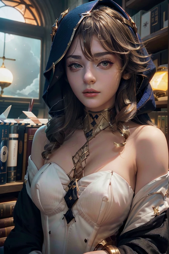 A young girl in realistic portrait of high quality and detail, Layla (Genshin Impact), 2000's movie style, persian girl, Ella Freya (Model), full-length, dark and mysterious atmosphere, pale skin, glow, eye shadow, 1girl, thriller fantasy, Depth & Perspective, sadness on her face, She has long dark blue hair with curls, amber eyes, pointed ears, Mystical powers, fine face, She's stands in the library in the Middle Eastern style, indoors, She is wearing white tight leggings, gold high-heeled shoes, a blue hood, black gloves with metal inserts and a black cape on her shoulders. blue sky, white cloud, looking at viewer, (ultra-high detail:1.2), Masterpiece, Best Quality, Ultra-detailed, Cinematic lighting, 8K, delicate features, cinematic, 35 mm lens, f/1.9, highlight lighting, global lighting –uplight –v 4, cinematic, intense gaze, Cinematic lighting, 8K, high quality, Highest Quality, (Solo Focus), (extremly intricate:1.3), (Realistic), dramatic, masterful, Analog style, (Film grain:1.5), (warm hue, cold tone),  behind back