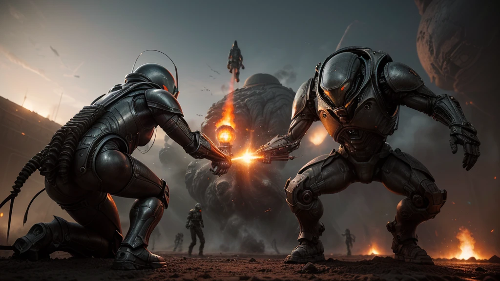 (((SOPHISTICATED COMBAT PIECE))), ((CARVED STEEL, IMPOSSIBLE), (FORCED PERSPECTIVE VIEW FROM BELOW OF STRAIGHT-LINE BIOMECHANICS OF ALIEN WAR biomechanics of disgusting alien biology) biomechanical alien, unknown, extraterrestrial biology on unknown planet, HEAVY atmosphere with dust particles suspended in the air red - orange WITH SULFUR
