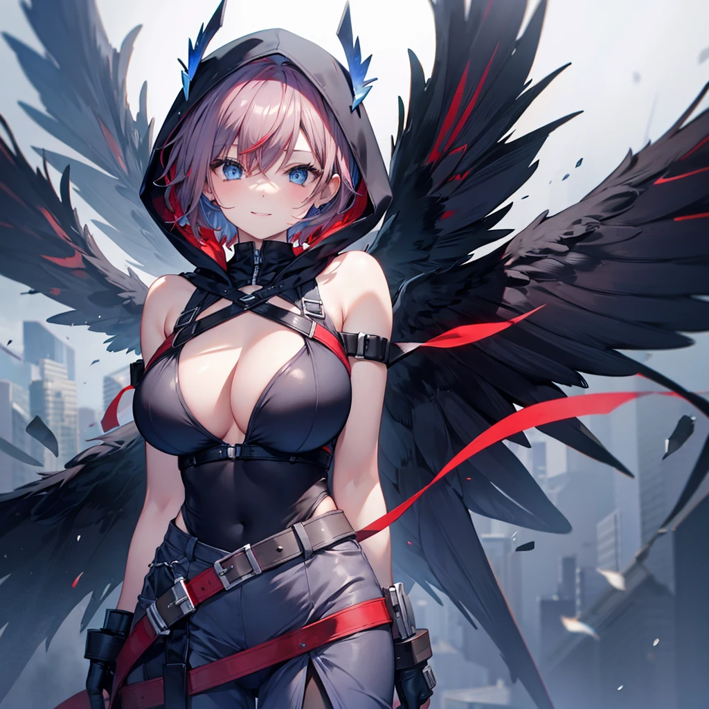 (((red)))　(((Gray Hair　short hair　blue eyes　woman　Large Breasts　smile)))，((Give a hand　My own big wings))，(Wearing a hood　Black camisole　Purple light　Cute pose)，　Shining Background　Shining Edges