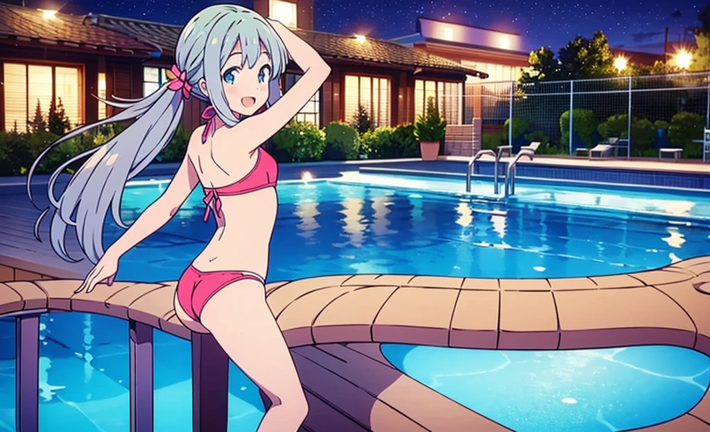 Masterpiece, Best Quality, extremely detailed, cheered up, girl,night pool,high waist bikini,SMILE,:d,action,(small breasts),ass focus 