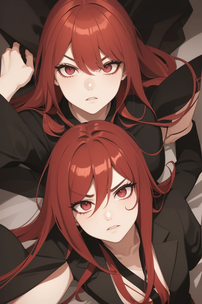 longeyelashes, solid circle eyes, POV, straight hair, long hair, red hair, Big , eyeball, makeup, drop shadow, high detail, 8k, super detail, ccurate, best quality, textured skin, Full body image, expressions, face, angry eyes, An angry expression, from above, Wearing black suit pants, Wearing a black men's suit, On the bed, Lying down