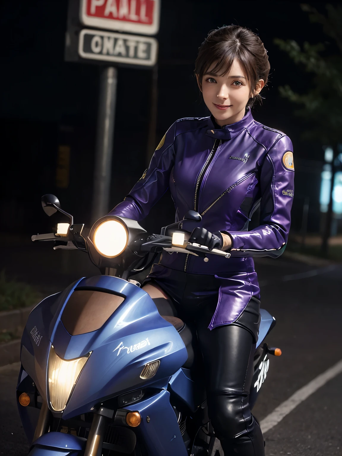 Hyperrealist Female Portrait by David Hockney and Alphonse Mucha, Photo Real, Dynamic Lighting, Volumetric lighting, Highly detailed face, Detailed Hair, 8K, One girl, (smile), Short Hair, Detailed Motorcycle, ((Riding a motorcycle)), ((Purple racing leather suit))