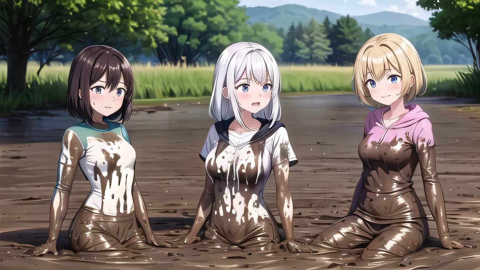 (three girls), 22 year old, small breasts, sitting in a muddy river, partially submerged, muddy skin, detailed beautiful face, (smiling), detailed eyes,  small breasts, (ultra muddy clothes:1.6), pink hoodie, blue pajamas pants or blue sweatpants, (dripping mud off clothes and skin:1.3), mountainous horizon, , natural front light, more details, detailed background, masterpiece, best quality, high res, 8K,