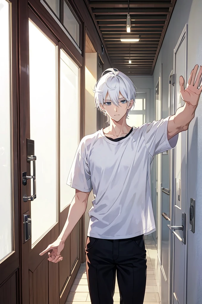 25 years old anime man with white hair, standing in front of a door, Waving goodbye,shirt off