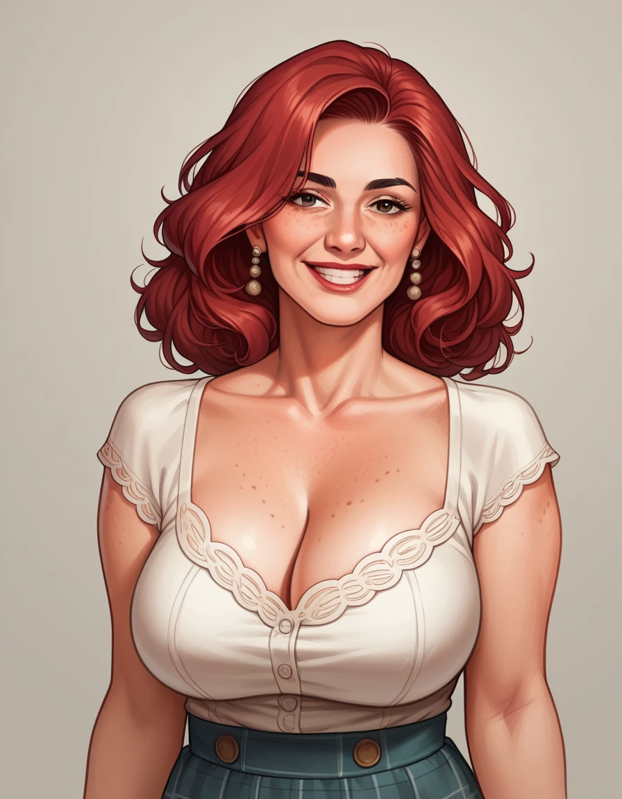 best quality, super fine, 16k, incredibly absurdres, extremely detailed, 2.5D, delicate and dynamic, a beautiful woman of 40 years, mature woman, slight smile. Mahogany-red hair, brown eyes, downturned eye shape, black eyebrows, strong eyebrows. High cheekbones, strong chin. Freckles. Large breasts. Wearing a white blouse, tweed skirt. Walking across beautiful English countryside.