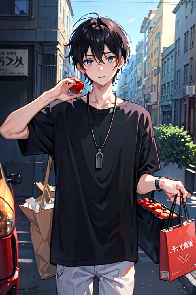 1boy, apple, bag, bangs, berry, black hair, black shirt, blue eyes, hair between eyes, jewelry, leaf, looking at viewer, male focus, necklace, pants, shirt, solo, watch, white pants, wristwatch, messy hair, trending on artstation, 8k resolution, highly detailed, anatomically correct, sharp image, digital painting, concept art, trending on pixiv, style of makoto shinkai,