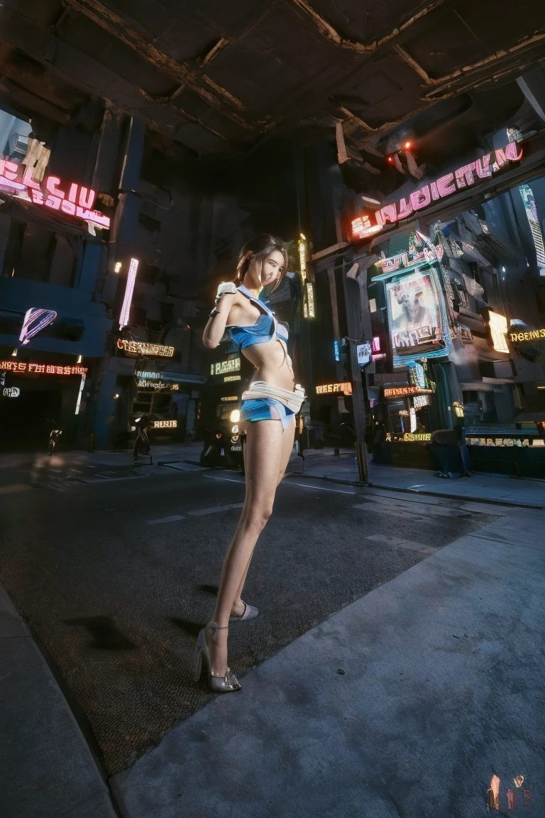 A Beautiful and cute woman, sexy and classy pretty Korean 26-year-old girl, (5'6 inches:1.0), (57kg:1.5), ((Realistic Young Sensual Gravure Idol)) ((K-Pop Idol:1.2) Very beautiful school girl,kpop idol, gravure idol, Very well-formed face, Heart-formed face, Very beautiful face, Lifelike fase, (sensual sexual face expresions), semi-long brown beautiful shiny hair, Detailed eyebrows, Eyes drawn in detail with soft white skin that shines with every detail, very beautiful eyes, clear eyes, Detailed mouth, Detailed lips, shiny beautiful lips, Glossy lips, Very well-formed body (beautiful medium breast, beautiful nipples), ((Ultra detailed skin)), ((Very slim and sexy slender healthy body:1.5)), (beautiful hips, beautiful medium ass beautiful legs), Posing Seductive, (Seductive Hot Expression:1.5), ((Looking at Viewer:1.3)), Realistic photography, 8k, beautiful woman with long hair, beautiful body, wearing top and short, shredded clothes, science fiction, (((Woman standing with one hand touching the wall and the other on her hip, in a seductive pose.1.5))), slim belly, sexy belly, in front of a sci fi cityscape, futuristic city, ((cyberpunk:1.5)), full body shot, a vast cybernetic network metropolis. (neonlight:1.2),advertising billboard,Embedded LED shine. Future Vision, Excellent location,Features city views, enviroment: panoramic view of a city, ((skylines)