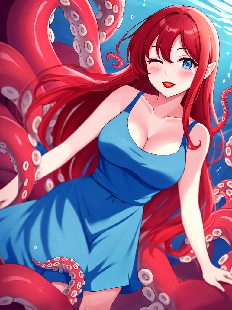 1girl, scylla, tentacles below waistline, tentacles, suction cups, fused, full body, large breast, blue eyes, red hair, long hair, long sleepwear dress, red lips, smile, blush, happy face, underwater,