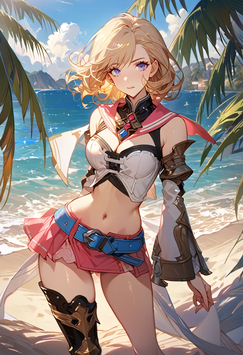 masterpiece, best quality, 8k, 4k, 1girl, ashelia final fantasy xii, Ashelia, medium hair, blonde hair, blue eyes, white detached sailor like collar, brooch, white shirt, cleavage, midriff, detached sleeves, bracer, black corset, pink skirt, microskirt, pink skirt, tight skirt, blue belt, black thigh with gold pattern boots, slim body, looking at viewer, standing nicely, wind blowing, finely detailed eyes and detailed face, face detailed, hair detailed, clothes detailed, ((high quality)), extreme detail, beach sand, palm tree, calm water, high hills overlooking the sea, hollowed hills,  inspired by Asukaziye artist : ask, art style : ask